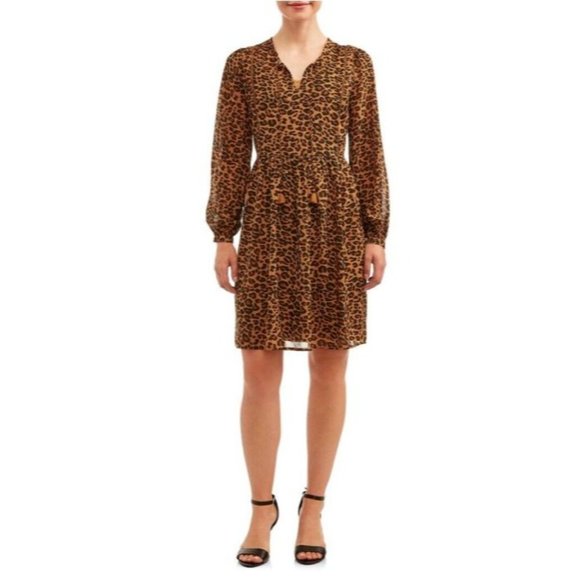 Time & Tru Dress Small Brown Black Leopard V-Neck Peasant w/Separate Slip S 4-6 - Picture 3 of 12